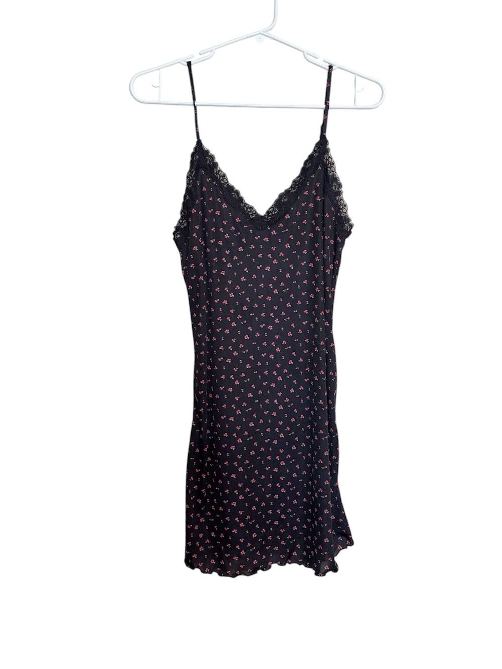Vintage Y2K Black Lace Cherry Print Mini Slip Dress S